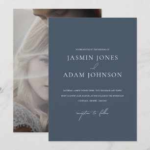 Invitation Mariage élégant photo Monogramme Minimal Royal Blu