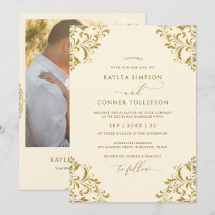 Invitation Mariage élégant photo or et crème vintage