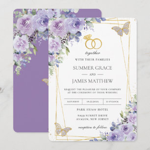 Invitation Mariage élégant Purple Lilac Papillons Floraux