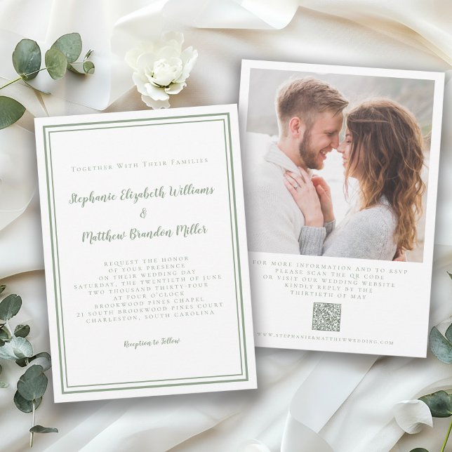 Invitation Mariage élégant QR Code Photo Classic Sage Green (Créateur téléchargé)