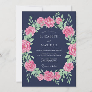 Invitation Mariage Élégant Rose Bleu Marine