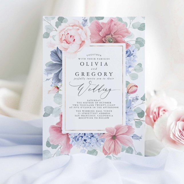 Invitation Mariage élégant Rose et Fleurs bleues poussiéreuse (Dusty Blue and Dusty Pink Wedding Invitations)