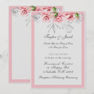 Invitation Mariage élégant rose et gris à motif floral et écr