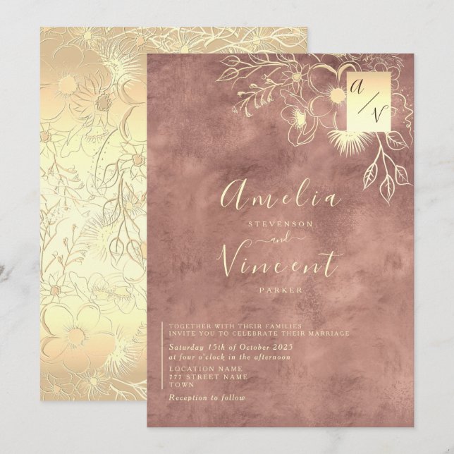 Invitation Mariage Élégant Rose Gold (Devant / Derrière)