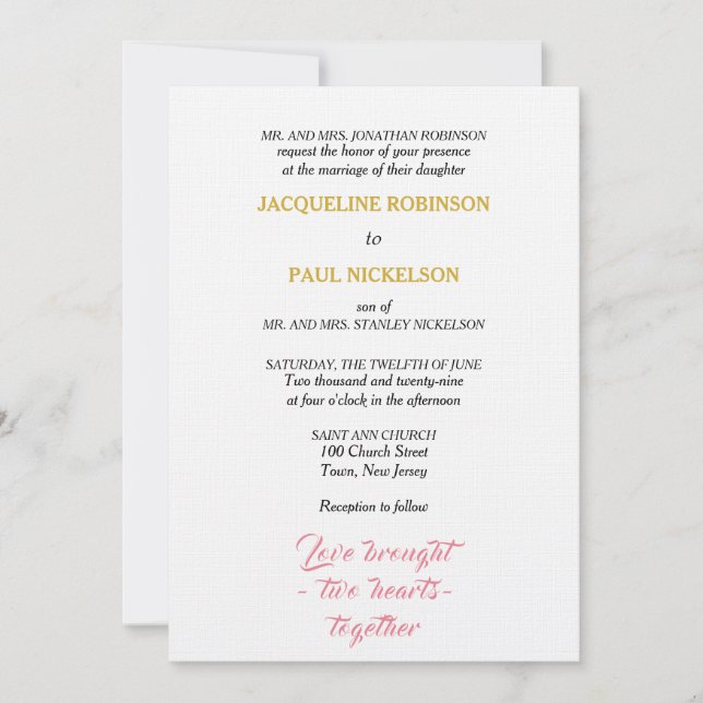 Invitation Mariage élégant rose or deux coeurs (Devant)