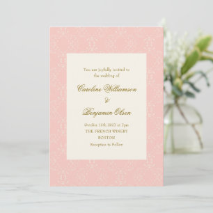Invitation Mariage Élégant Rose Pâle Damassé Orné Vintage
