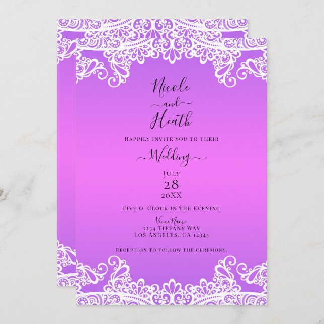 Invitation Mariage élégant rose violet & dentelle blanche (Devant / Derrière)
