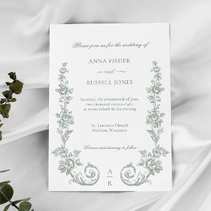 Invitation Mariage Élégant Roses Baroques de Sauge