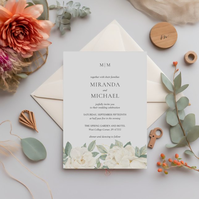 Invitation Mariage élégant Roses blanches romantiques monogra (Créateur téléchargé)