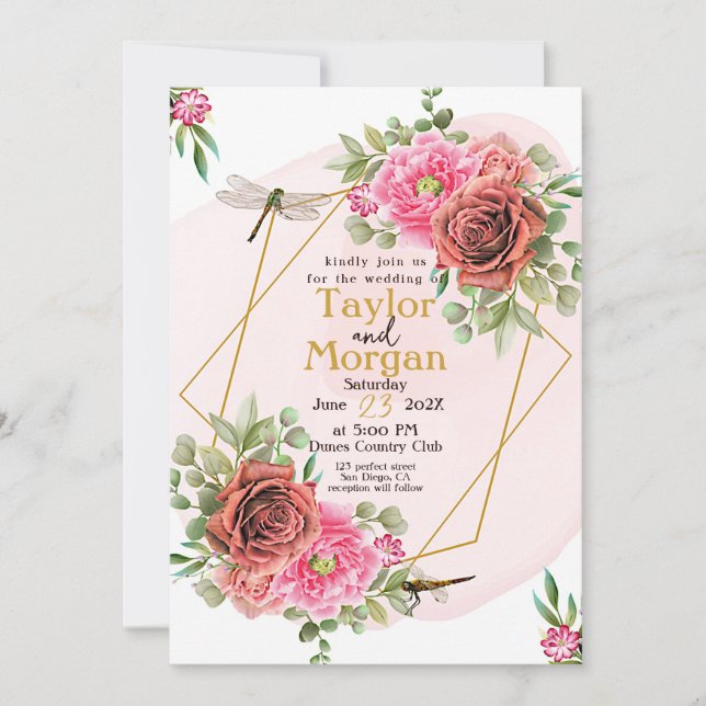 Invitation Mariage élégant Roses et libellules roses (Devant)
