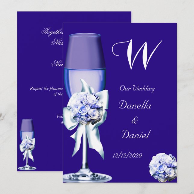 Invitation Mariage Élégant Roses Fleuris Argent Bleu Marine (Devant / Derrière)