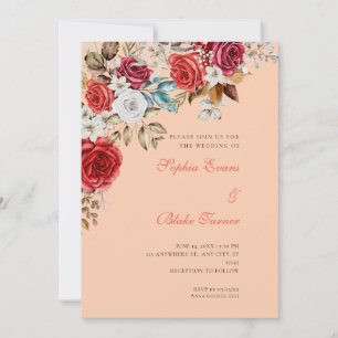 Invitation Mariage Élégant Roses Rouges et Blanches Abricot O