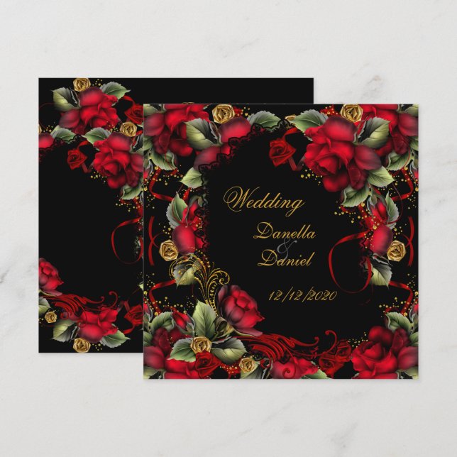 Invitation Mariage élégant Roses rouges Or Noir A (Devant / Derrière)