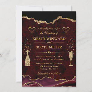 Invitation Mariage élégant rouge et or avec faux agate scinti