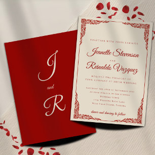 Invitation Mariage Élégant Rouge Foncé & Ivoire Chic Ancien A