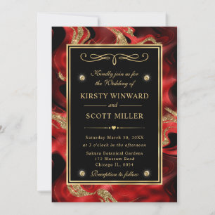 Invitation Mariage élégant rouge fondu et doré avec paillette