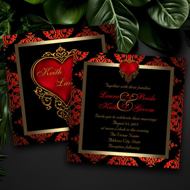 Invitation Mariage élégant rouge, noir et or (Dramatic red, black and gold wedding invitation with red and gold heart.)