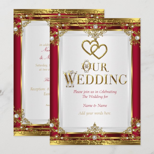 Invitation Mariage Elegant Rouge Or Blanc Or (Devant / Derrière)