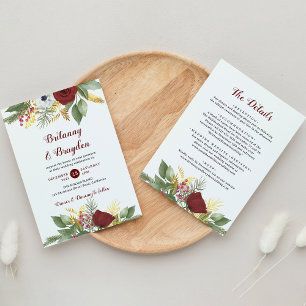 Invitation Mariage Élégant Rouge Or Floral Script Tout en Un