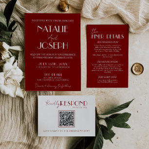 Invitation Mariage Élégant Rouge Profond Blanc Bourgogne Mini