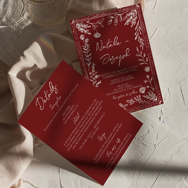 Invitation Mariage Élégant Rouge Profond Bleu Floral Tout En  (Créateur téléchargé)