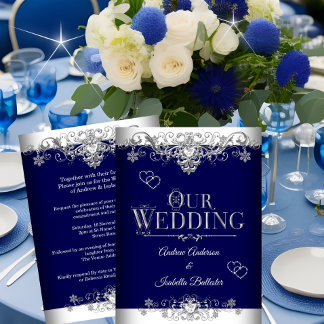 Invitation Mariage Elégant Royal Blue Silver Diamond Hearts