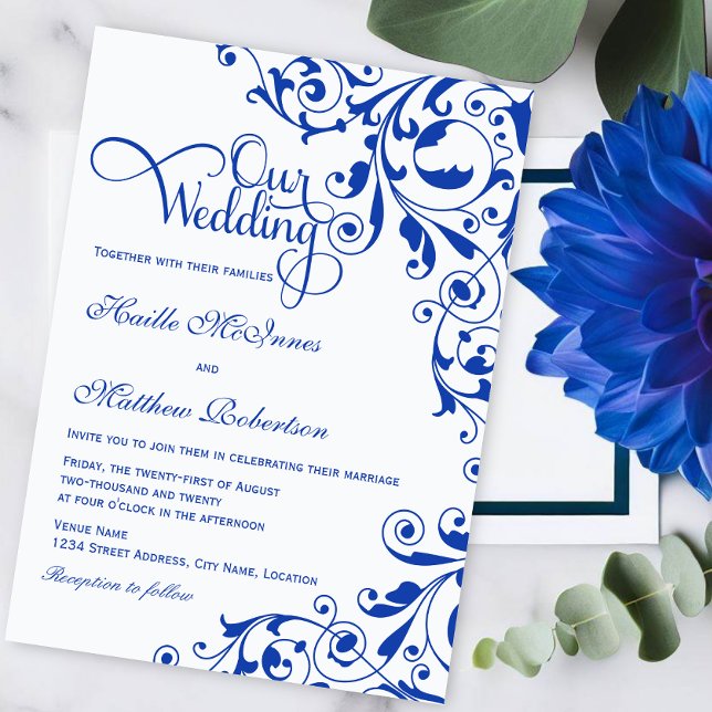 Invitation Mariage élégant Royal Blue Swirls (Royal blue swirls and elegant script 'Our Wedding" text wedding invitation.)