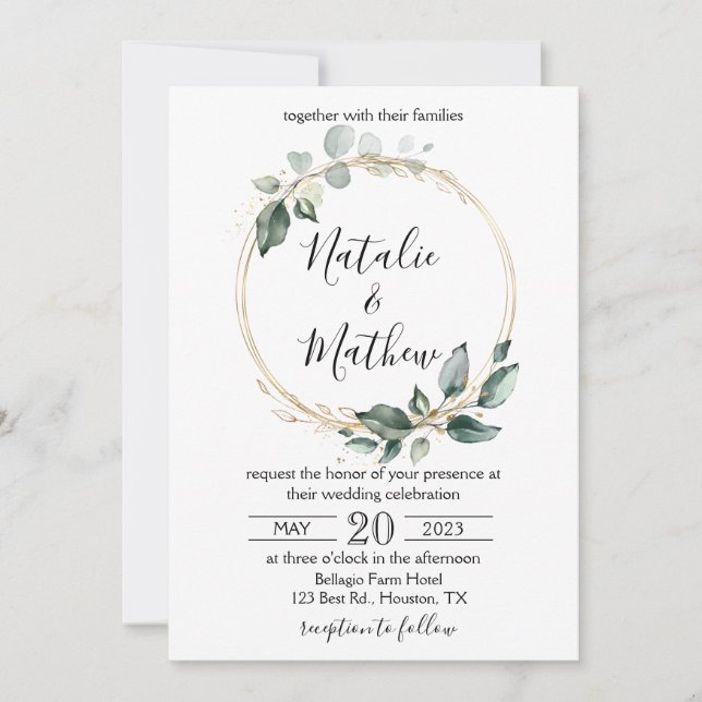 Invitation Mariage Élégant Rustique avec Feuillage de Eucalyp (Devant)