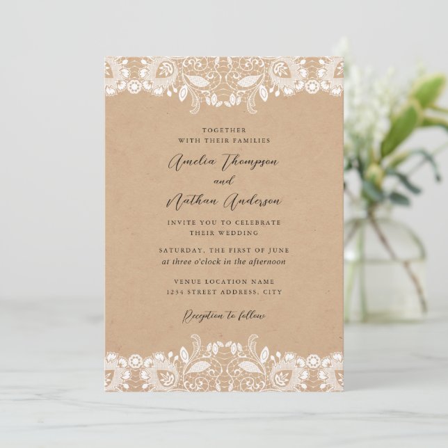 Invitation Mariage Élégant Rustique en Dentelle (Debout devant)