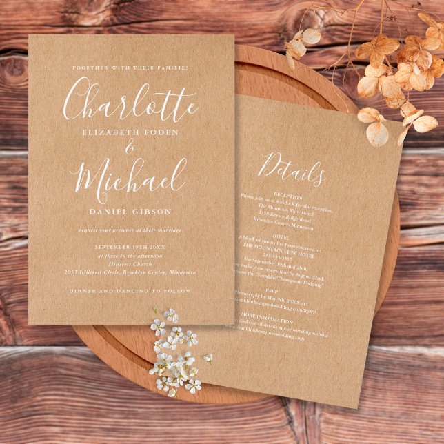 Invitation Mariage Élégant Rustique Kraft Tout En Un (Créateur téléchargé)