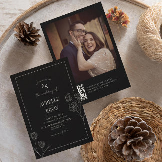 Invitation Mariage Élégant Rustique Noir Fleur Photo Dos QR