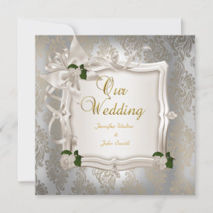 Invitation Mariage Élégant Sépia Roses Blanches Argent