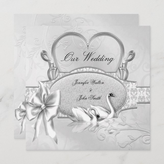 Invitation Mariage élégant Silver White Swans Heart Bow (Devant / Derrière)