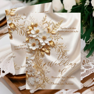 Invitation Mariage Élégant Soie Florale Beige Blanc Or