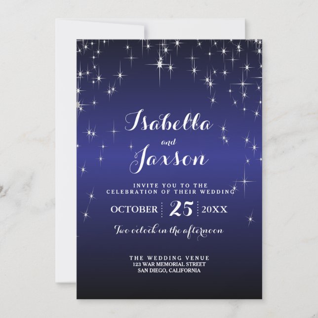 Invitation Mariage élégant sous les étoiles dans une nuit ble (Devant)