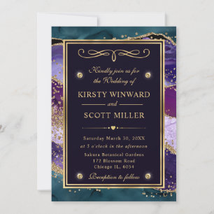 Invitation Mariage Élégant Teal, Violet & Paillettes d'Or Aga