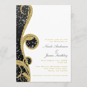 Invitation Mariage Élégant Tourbillon Blanc Argent Or Noir
