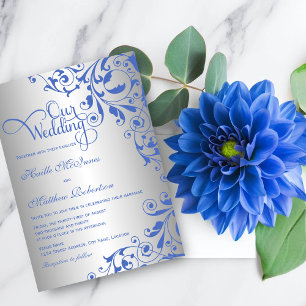 Invitation Mariage Élégant Tourbillons Bleu Royal et Argent