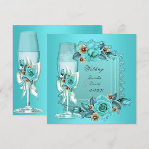 Invitation Mariage élégant Turquoise Bleu Beige Rose Fleurs