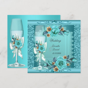 Invitation Mariage élégant Turquoise Bleu Beige Rose Fleurs