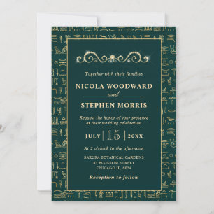 Invitation Mariage élégant vert et or avec hiéroglyphes égypt
