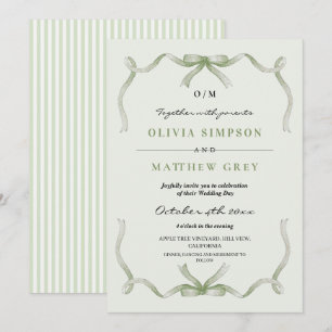 Invitation Mariage Élégant Vert Sauge avec Ruban et Rayure