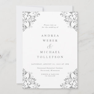 Invitation Mariage Élégant Vintage Classique Gris Argent