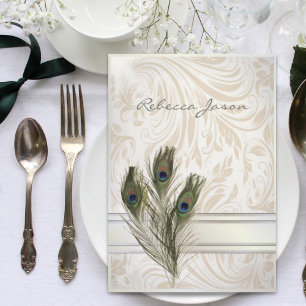 Invitation mariage élégant vintage crème damas paon