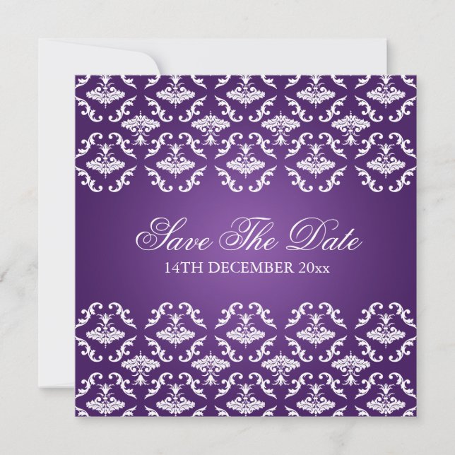 Invitation Mariage Elégant Vintage Damas Violet (Devant)