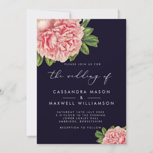 Invitation Mariage Élégant Vintage Navy et Rose Pivoine (Devant)