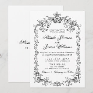 Invitation Mariage élégant vintage noir et blanc à l'ancienne