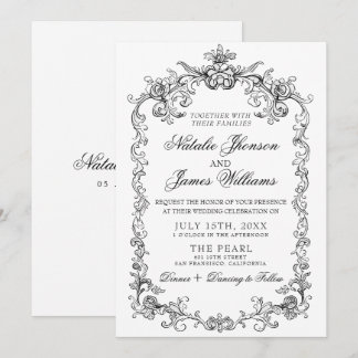 Invitation Mariage élégant vintage noir et blanc à l'ancienne