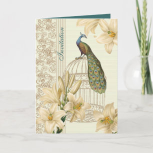 Invitation mariage élégant vintage paon floral lis blanc
