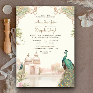 Invitation Mariage élégant vintage paon palais indien